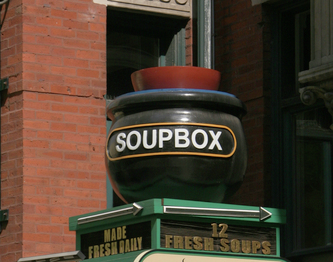 Image shows the 3D Carved Sign for the SoupBox on Chicago ave. in Chicago,IL