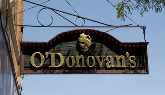 Image shows the custom Hanging Blade sign for O'Donovan's on Irving Park Rd. in Chicago, IL