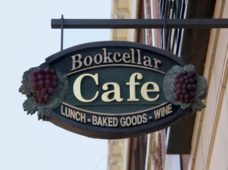 Image of Bookcellar Cafe Sign Lincoln Square, Sign Companies Chicago, Sandblasted Signs Wisconsin